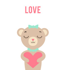 Cute cartoon bear girl holding heart on white background