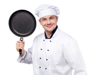 Chef with a pan on white background