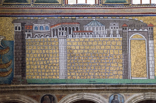 Classis civis (town) mosaic, Sant'apolinare nuovo, Ravenna