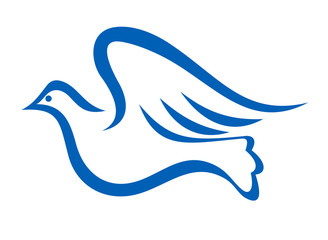 Blue illustration of a dove flying