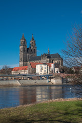 Magnificent Cathedral of Magdeburg at river Elbe, Germany