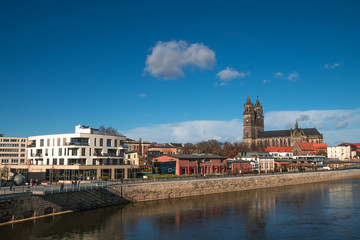 Magnificent Cathedral of Magdeburg at river Elbe, Germany