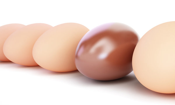 chocolate egg and egg row on a white background