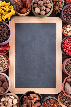 Large set of spices and seasonings, top view