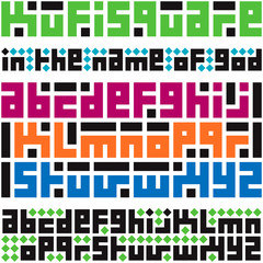 Kufi square style latin alphabet. Kufi square typography.