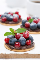 mini cakes with chocolate cream and berries on a board