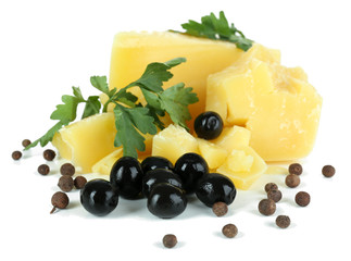 Parmesan cheese, fresh herbs and olives isolated on white