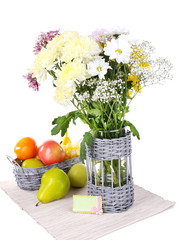 Beautiful chrysanthemum flowers in vase isolated on white