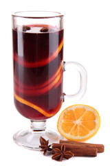 Mulled wine with lemon and spices isolated on white