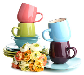 Clean colorful tableware isolated on white