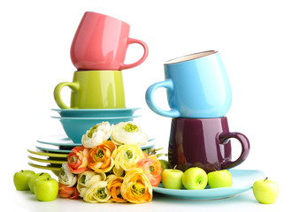 Clean colorful tableware isolated on white