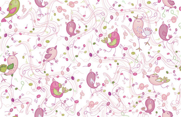Vector seamless music pattern, singing birds and fun notes.