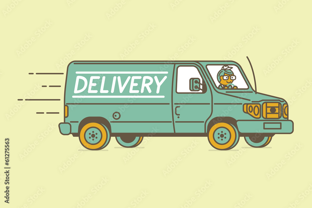 Wall mural Delivery van and delivery man. Vector illustration.