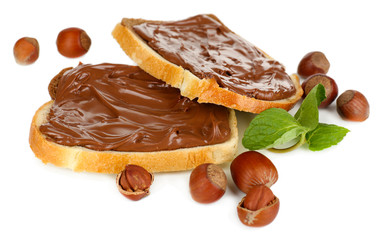 Bread with sweet chocolate hazelnut spread isolated on white