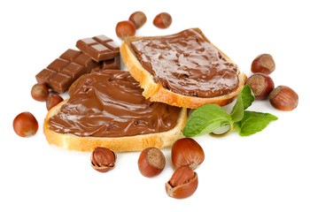 Bread with sweet chocolate hazelnut spread isolated on white