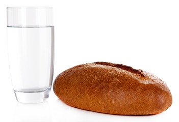 Rye bread and glass of water isolated on white