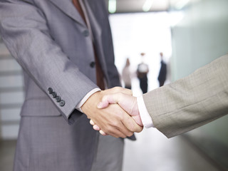 businesspeople shaking hands in office