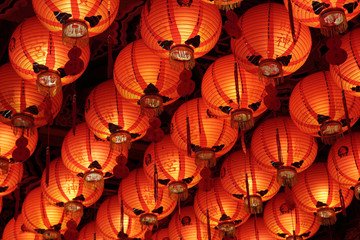 Closeup of roof full of red Chinese lanterns