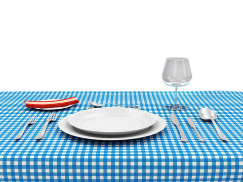 Tableware On A Wooden Table With Cloth Isolated On White