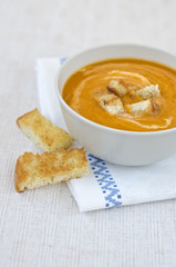 Pumpkin soup with croutons.