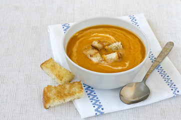 Pumpkin soup with croutons.