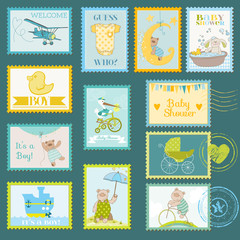 Fototapeta premium Baby Shower or Arrival Postage Stamps - for design and scrapbook