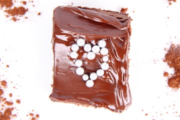 Brownie with chocolate and sugar hearts decoration