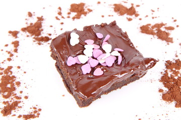 Brownie with chocolate and heart shape decoration