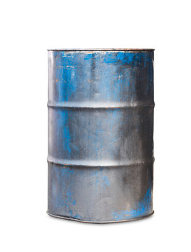 Old metal oil barrel on white background