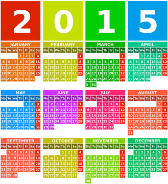 Rainbow 2015 Calendar in Flat Design with Simple Square Icons