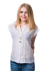 Happy and smiling teenage girl over white