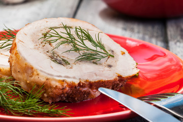 Sliced pork lion roll stuffed with mushrooms
