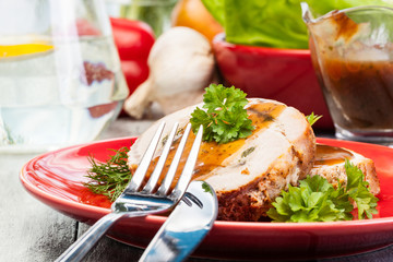 Sliced pork lion roll stuffed with mushrooms