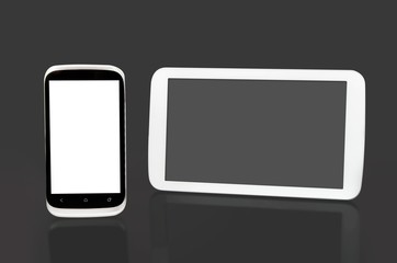 Mobile phone and tablet with blank screen. Modern flat devices w