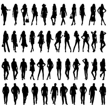 Silhouettes of happy young girls  and men.