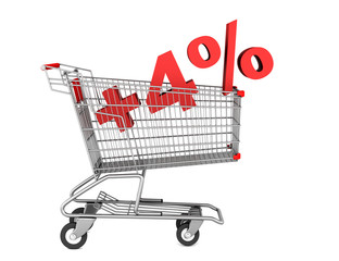 shopping cart with plus 4 percent sign isolated on white backgro