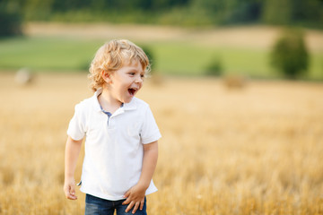 Naklejka na ściany i meble little boy of three years having fun on yellow hay field