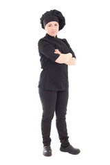 attractive cook woman in black uniform isolated on white