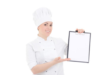 young cook woman in uniform holding clipboard with copyspace iso