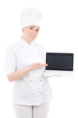 cook woman holding laptop with copyspace isolated on white