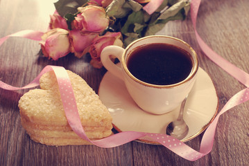 coffee and heart shaped cookies for valentine in vintage style