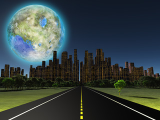 Terraformed moon as seen from highway on future earth