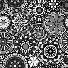Black white and grey circles ethnic geometric seamless pattern