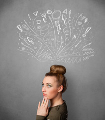 Young woman thinking with sketched arrows above her head