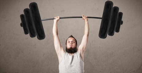 Naklejka premium Funny skinny guy lifting weights