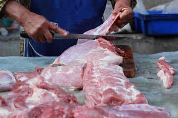 Raw pork in the market