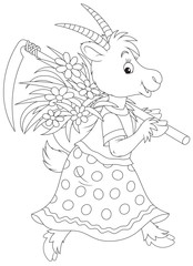 Goat going with a scythe and wisp of straw