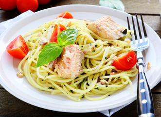 tasty spaghetti with chunks of fish