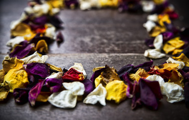 Frame with dry rose petals on wooden background