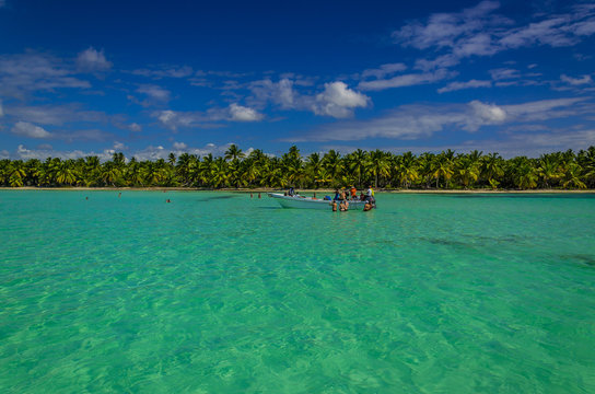 Boat on azure water, Caribbean holidays, Sanoa, Dominicana